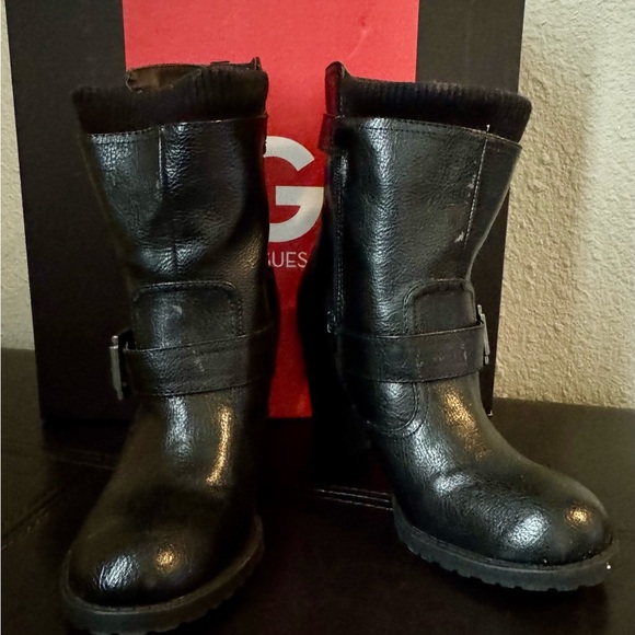 Black Faux Leather Ankle Boots G by Guess Sz 5.5 - Picture 2 of 14